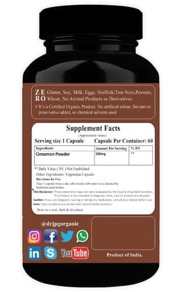 Dr. JPG Organic herbals Cinnamon Capsules for metabolism 60 Veg. Capsules /INDIA ORGANIC Certified (Pack Of 1)