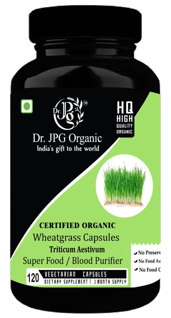 Dr. JPG Organic herbals wheatgrass capsules 120 veg/Natural Antioxidant/Immunity Booster/INDIA Organic Certified.(pack of 1)