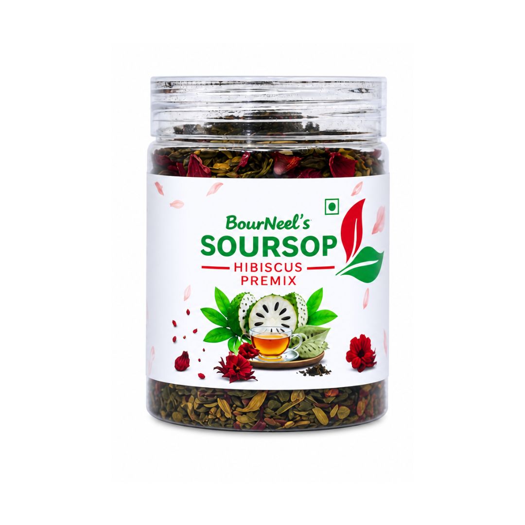 BourNeel's® Soursop Hibiscus Tea Premix 50gm | No Preservatives | Graviola Laxman Phal Leaves | Dry Hibiscus Flowers| Soursop Kadha Tea |