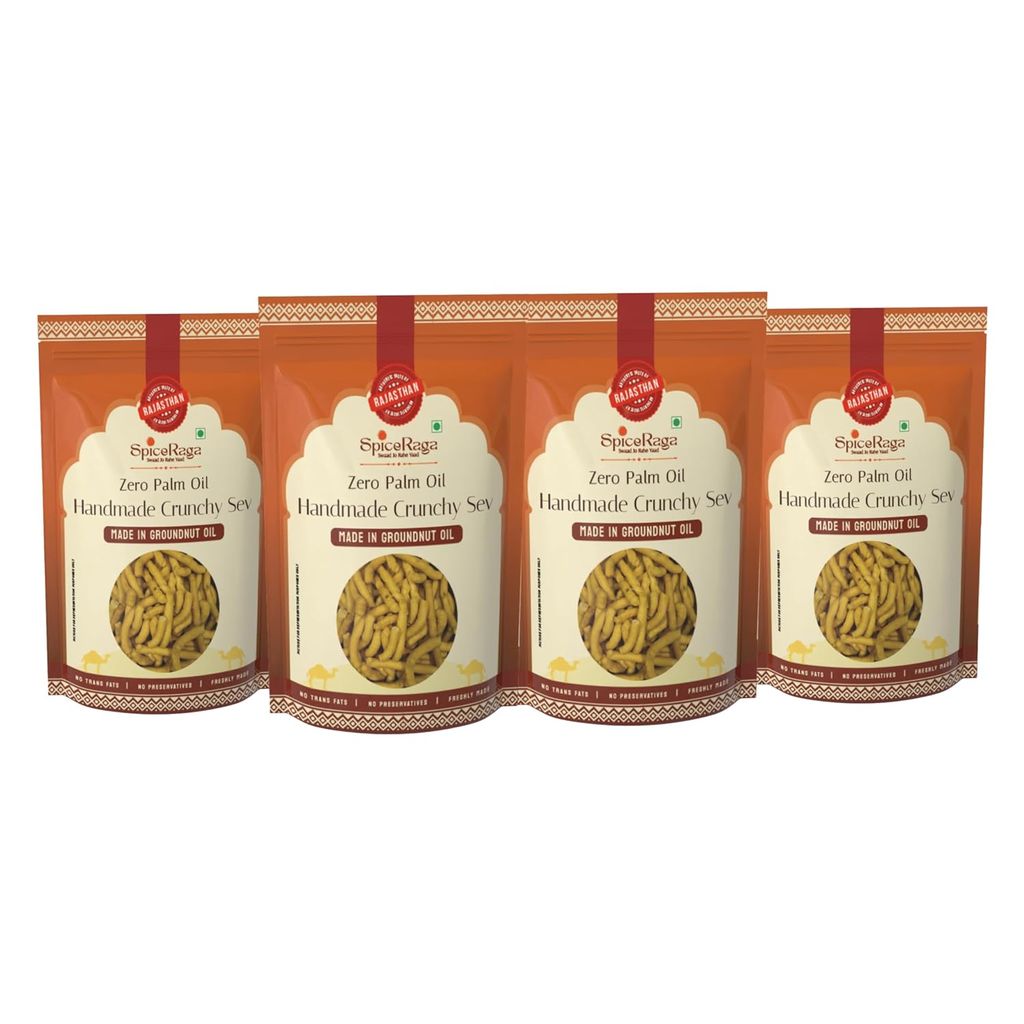 SpiceRaga | Crunchy Sev Pack of 4 - Handmade Sev | Tastes Like Home-made | No Palm Oil | No Trans Fat | Healthy Namkeen Sev | 100% Natural Ingredients | 160g Each
