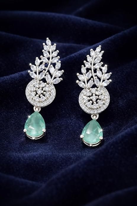 Silver-Toned Leaf and Drop Earrings with Mint Green Stones