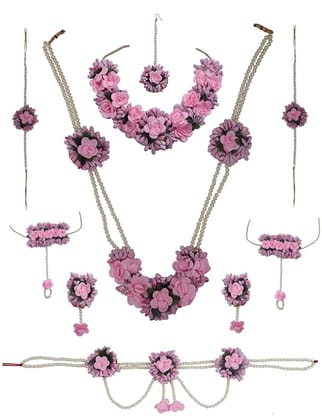 Artificial Pink Floral Jewellery Set with Maang Tikka for Bride