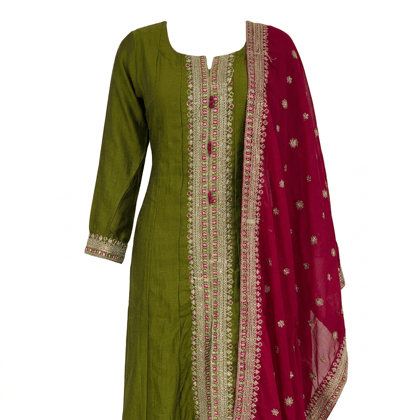 Women's Olive Green & Maroon Embroidered Silk Blend Salwar Suit with Dupatta