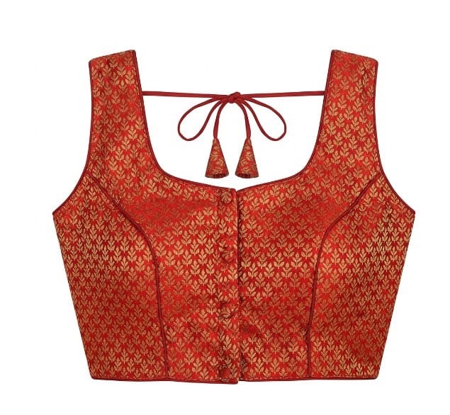 Red and Gold Brocade Princess Cut Blouse with Back Tie