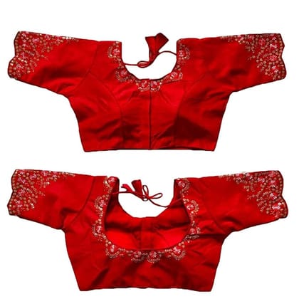 Women's Red Silk Blend Embroidered Blouse with Scalloped Sleeves