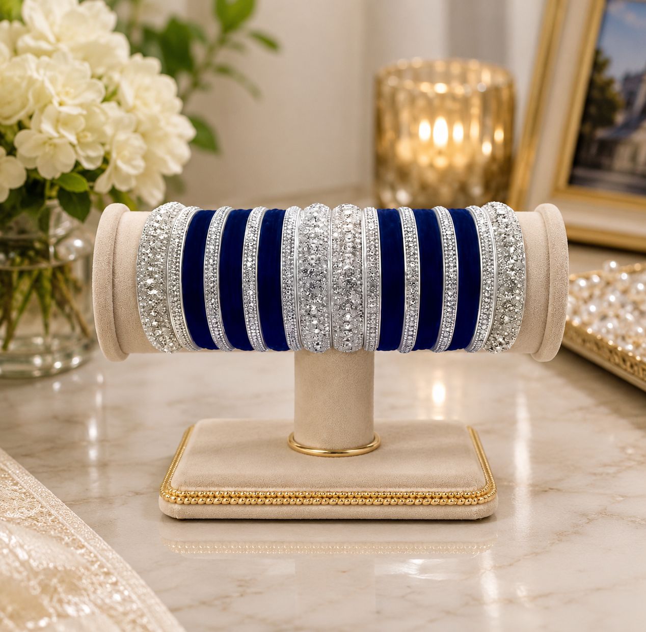 Rivaaz Royal Blue Velvet CZ Bangle Set