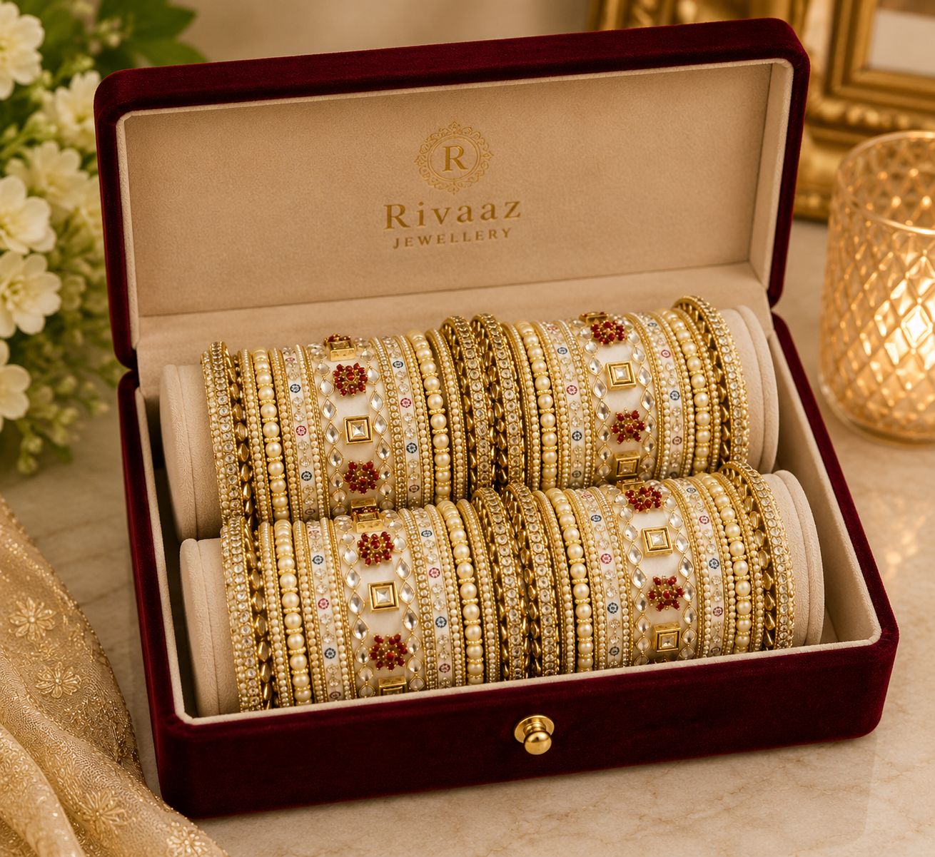 Traditional Gold-Toned Stone and Pearl Embellished Bangle Chura Set
