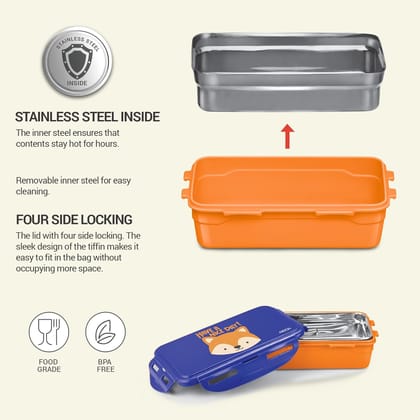 MILTON Kidz Combo Tiffin (2 Inner Steel Containers, 650 ml; 1 Stainless Steel Bottle, 415 ml) with Insulated Fabric Jacket, Odour Proof, Leak Proof, Easy to Carry, Food Grade