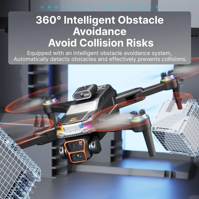 JS39P Drone with Dual 8K Camera, Dual Battery, 8GB Memory Card, Big Screen Remote Controller, 360° Obstacle Avoidance, Foldable RC Quadcopter for Kids & Beginners