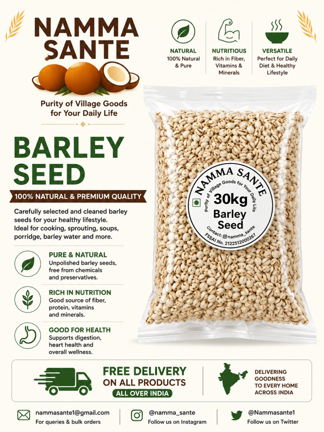 Barley Seed, Jau, Pearl Barley, Barley Grain, Jau Dana 30kg