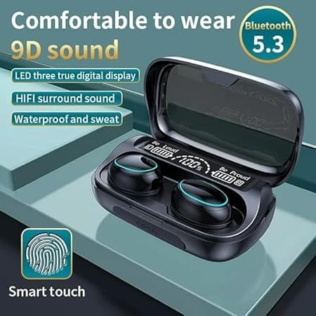 M10 Noise Cancelling Bluetooth Earbuds with Power Bank, Microphone and Touch Controls, Wireless Bluetooth Earbuds with Led Display