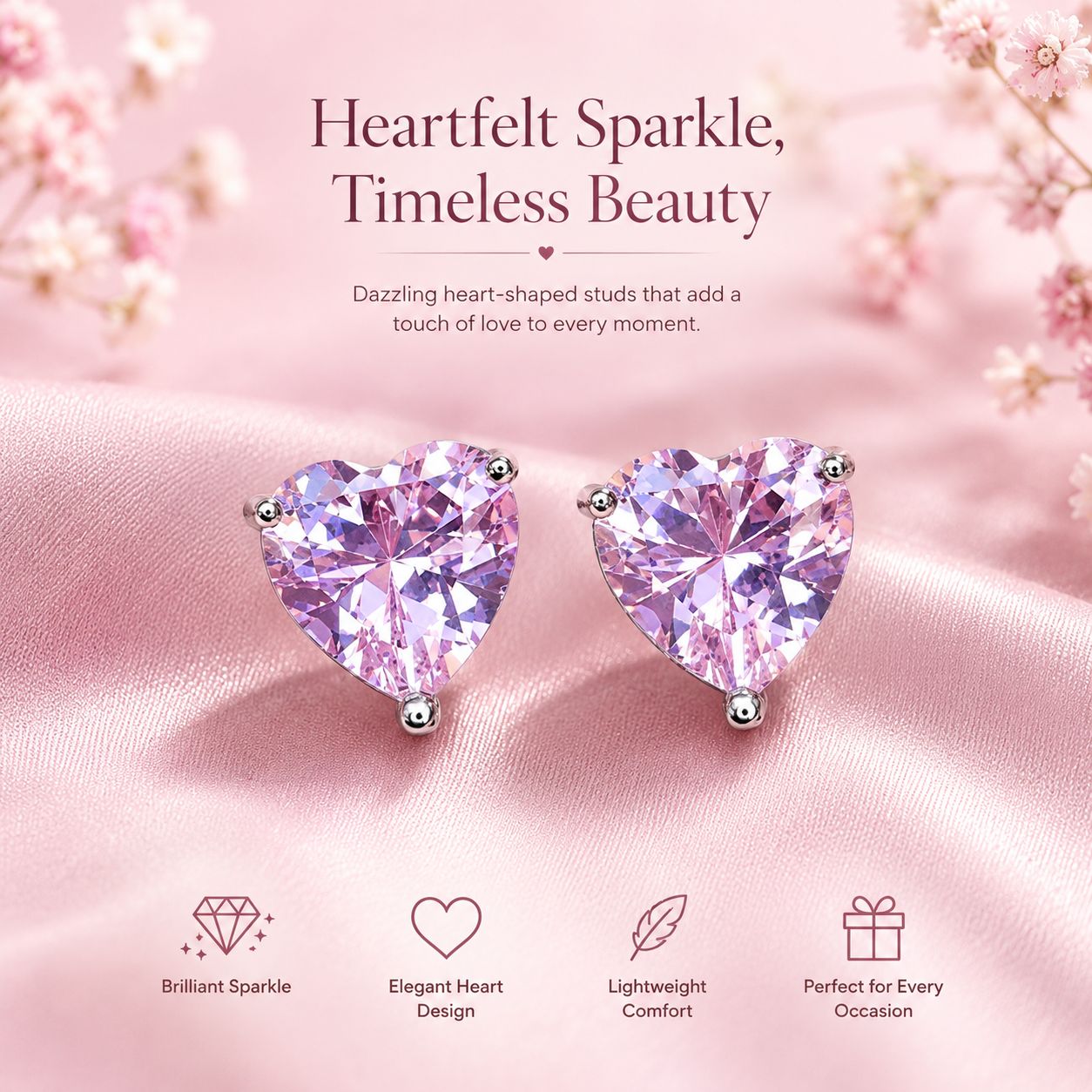Dazzling Cubic Zirconia Pink Heart Stud Earrings for Women,Teen Girls & Kids Romantic Heart-Shaped Diamond Like Stud Earrings Pair of 1