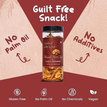 Manali Hot Chips Organic Chilli Banana Flavor 120g | Farm Fresh Thin & Crunchy Crispy Snack | No Palm Oil
