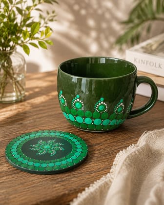 Hand-Painted Green Mandala Dot Art Coffee Mug with Matching Coaster