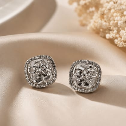 Elegantra American Diamond Stud Earrings | American Diamond Square Cut Stud Earrings With Elegant Bow Design | Stunner Studs For Anniversary Gift Mothers Day Gift Birthday Gift