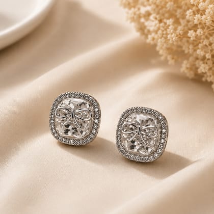 Elegantra American Diamond Stud Earrings | American Diamond Square Cut Stud Earrings With Elegant Bow Design | Stunner Studs For Anniversary Gift Mothers Day Gift Birthday Gift