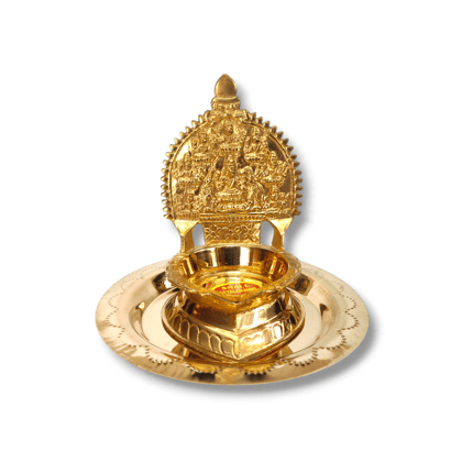 NAAYAGI - Traditional Astalakshmi Brass Pooja Diya, VILAKKU, Pooja Oil LAMP with Plate, 13.8 cm Height, Golden Color