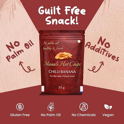 Manali Hot Chips Organic Chilli Banana Flavor 55g | Farm Fresh Thin & Crunchy Crispy Snack | No Palm Oil(Pack of 2)