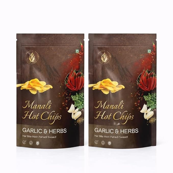 Manali Hot Chips Organic Potato Wafers Garlic & Herbs Flavor 55g | Farm Fresh Thin & Crunchy Crispy Snack | No Palm Oil(Pack of 2)