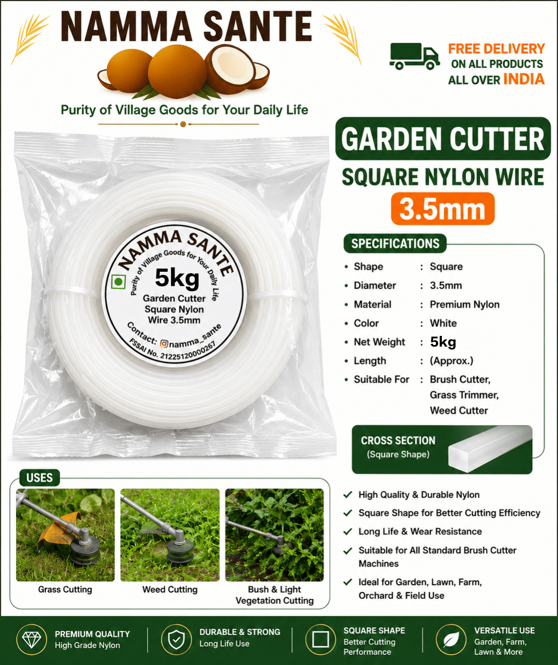 Garden Cutter Square Nylon Wire 3.5mm 5kg