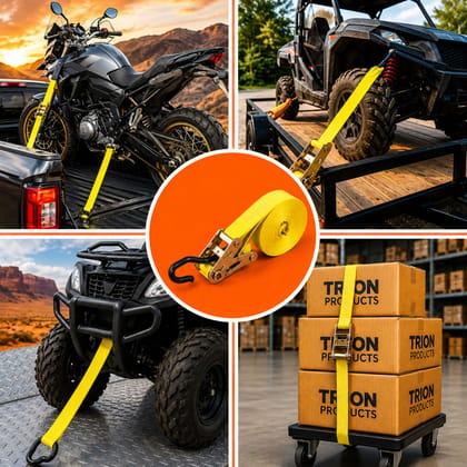 Trion Products Ratchet Tie Down Straps 1 Inch x 15 Feet with S Hooks | Heavy Duty Cargo Lashing Belts for Pick-up Trucks, LCVs, Motorcycles & Cargo Securing | 25MM Ratchet Straps