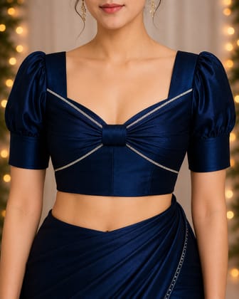 Navy Blue Satin Puff Sleeve Saree Blouse with Crystal Detailing