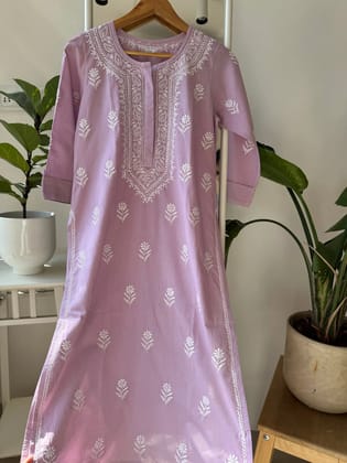 Mul Cotton Chikankari Kurti - Lavander-Lilac / cotton / S