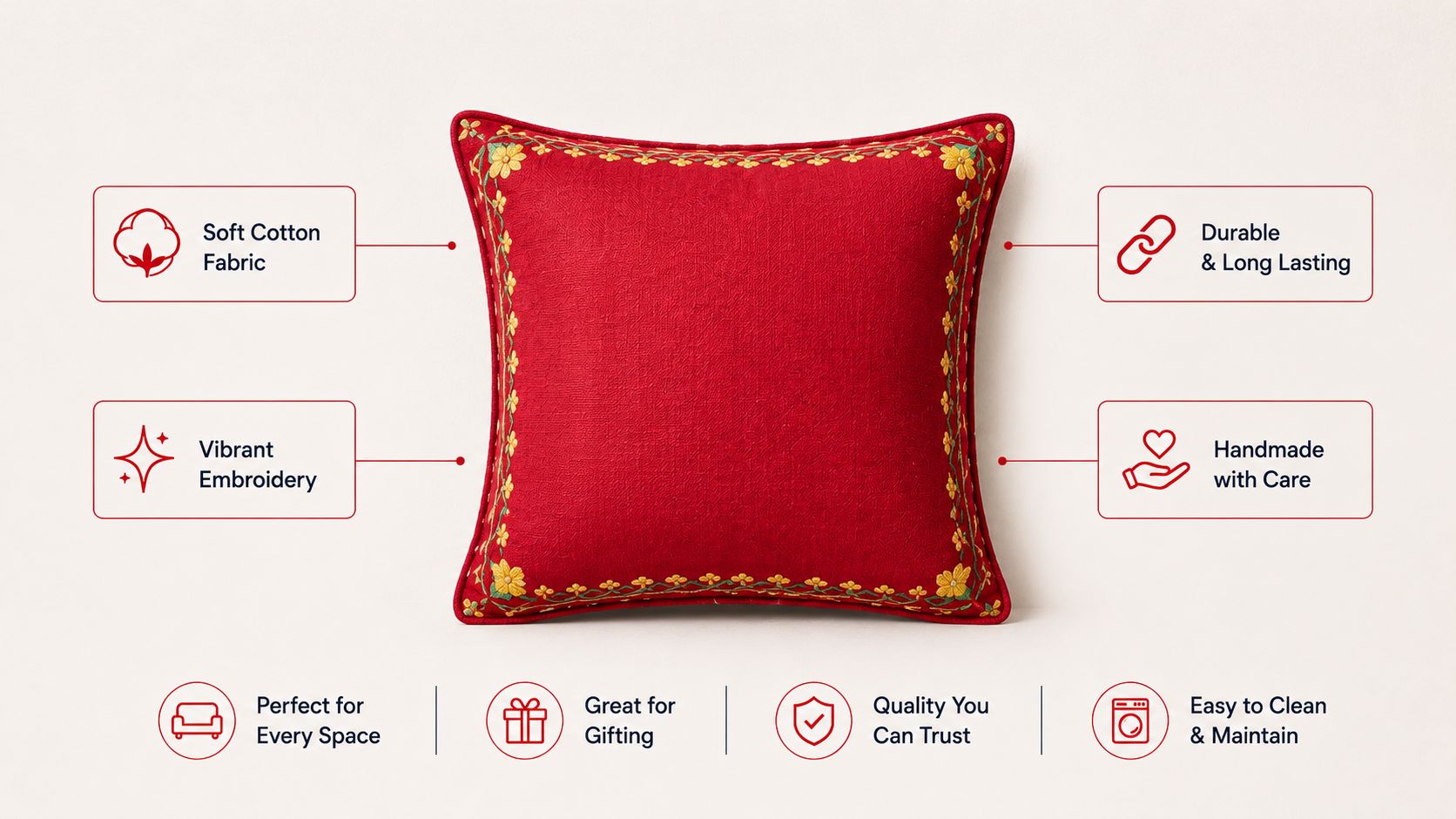 Embroidery Red Pillow Cover