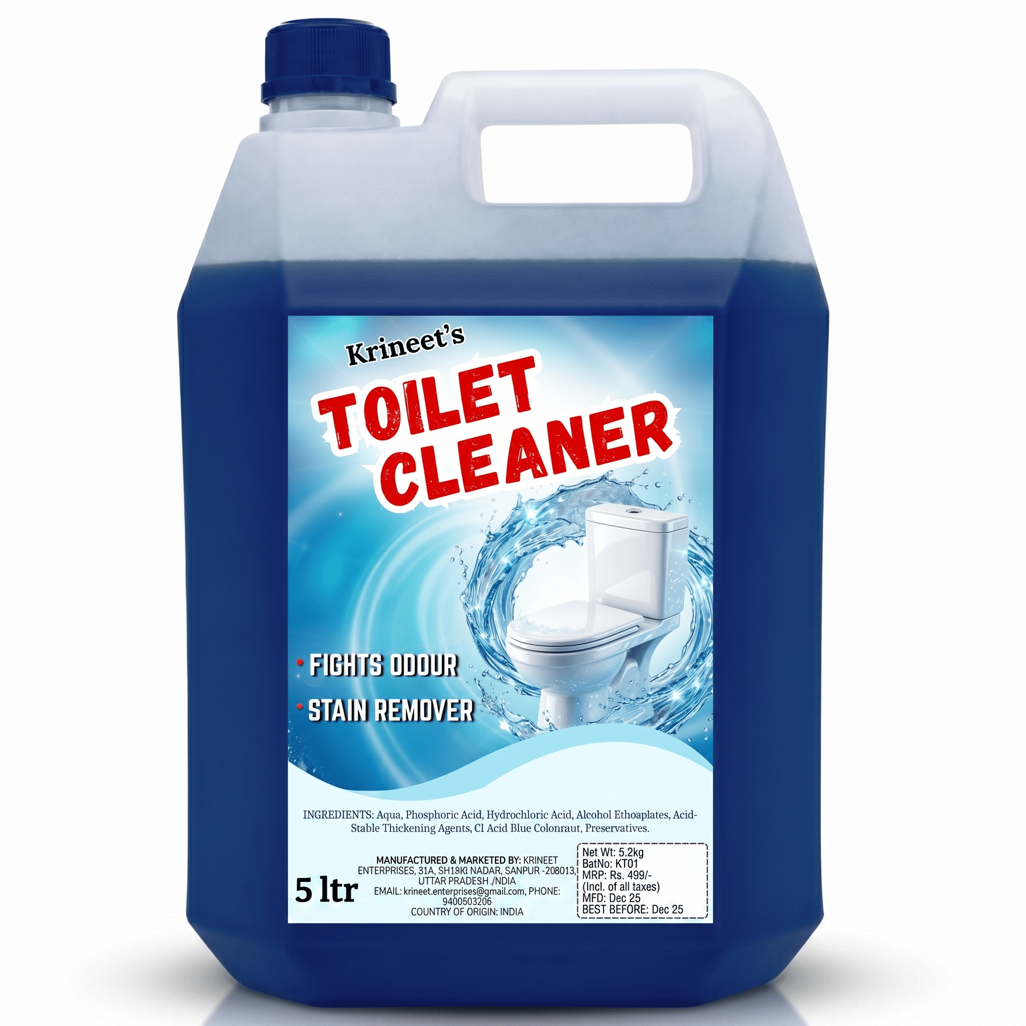 Krineet's Toilet Cleaner 5 Litre | Powerful Toilet Bowl Cleaner | Removes Tough Stains, Limescale & Bad Odour | Thick Cleaning Formula for Bathroom Hygiene