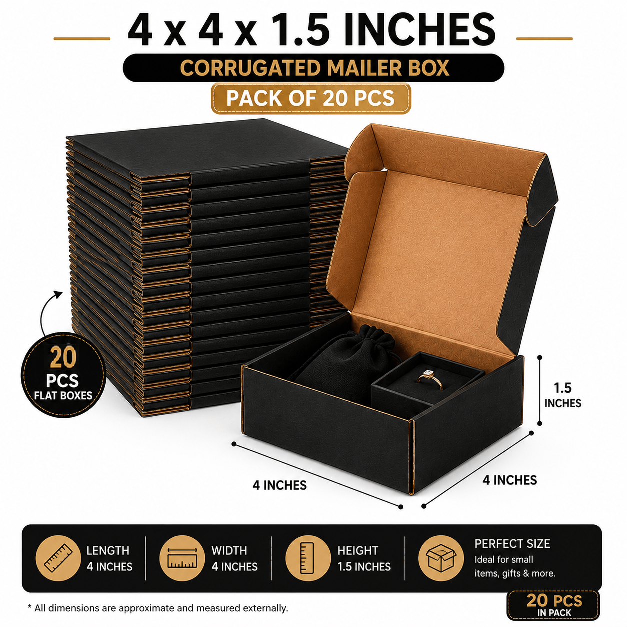 Prockage Corrugated Paper 3 Ply Black Mailer Box 4 x 4 x 1.5 Inches Small Packaging Box, Brown Kraft Inside, Shipping & Gift Box for Jewelry, Accessories, Small Business Packaging (Pack of 20 Black)