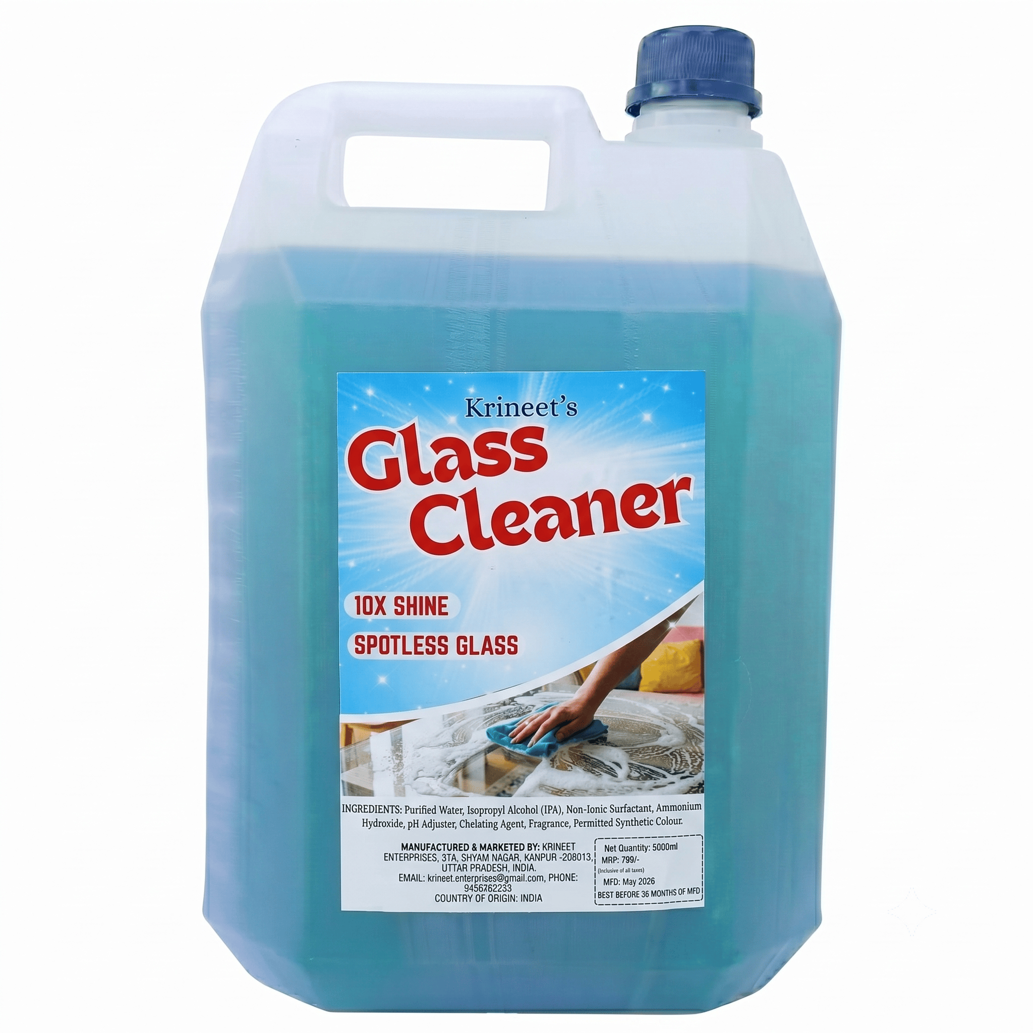 Krineet's Glass Cleaner Liquid 5 Litre | Streak-Free Shine for Glass, Mirrors & Windows | Fast-Drying Multipurpose Surface Cleaner