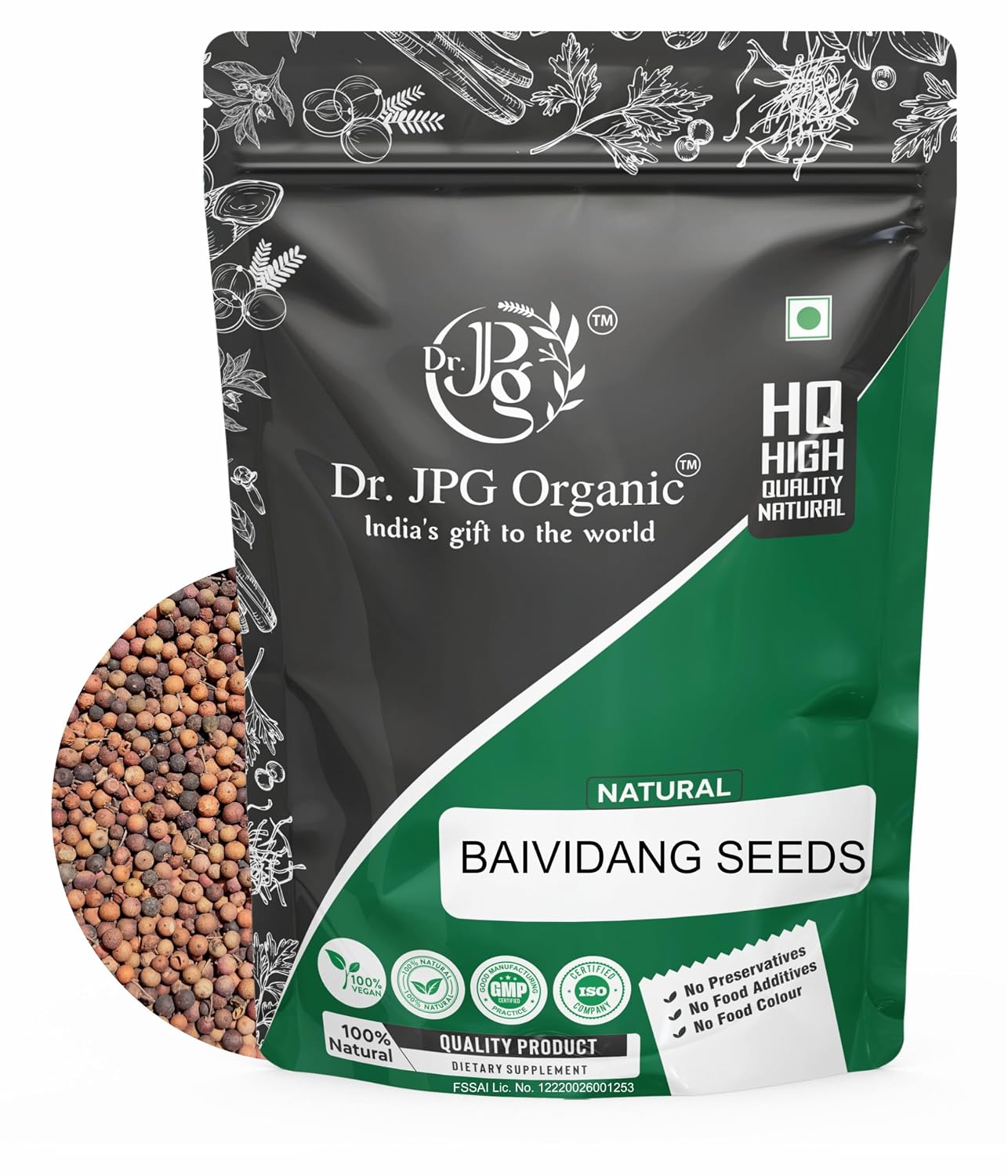 DR. JPG ORGANIC herbals  Natural Baividang/Vaivadang Black Seeds 100G / Embelia Ribes/False Black Pepper Seeds(Embelia Ribes)/ Iso Certified&Gmp Certified.