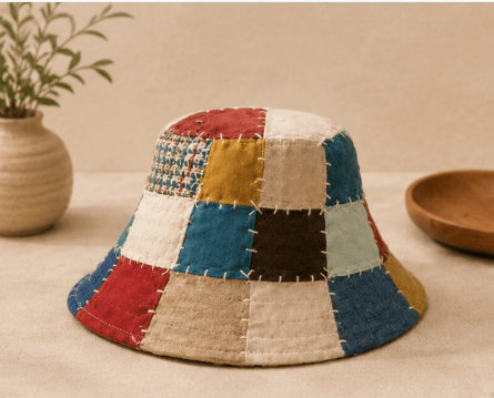 Patchwork Bucket Hat with Exposed Stitching