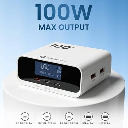 Portronics 100W Adapto 100D Fast Charging 5 Port Adaptor with LCD Power Display