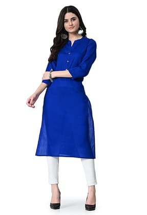 Women's Solid Royal Blue Straight Kurta with Mandarin Collar