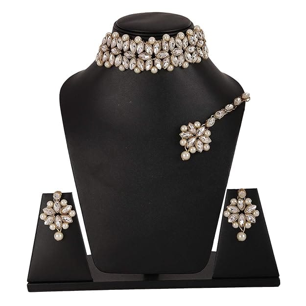 Gold-Plated Kundan and Pearl Choker Jewelry Set