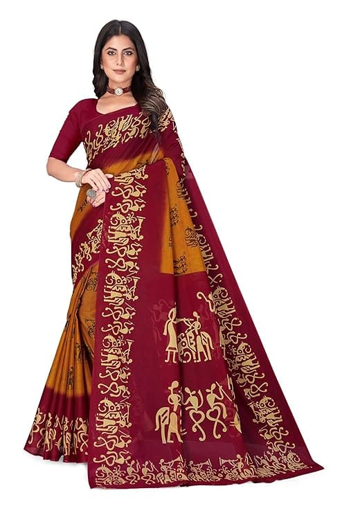 Women's Maroon & Mustard Art Silk Saree with Warli Print
