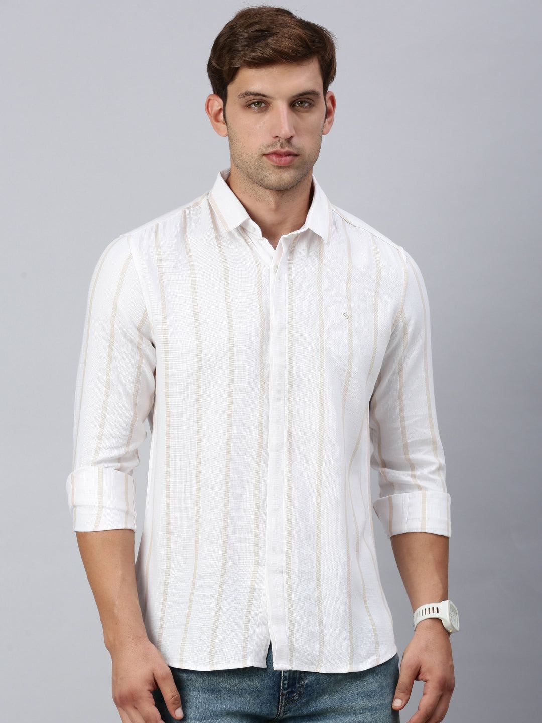 Classic Polo Men's Full Sleeve White/Beige Slim Fit Striped Casual Shirt | SP2-EL-01 C-FS-STR-SF