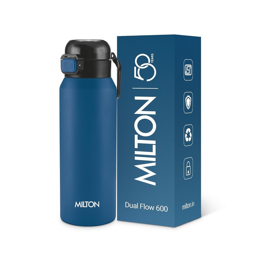 Milton Dual Flow 600 Thermosteel Water Bottle 595 ml with One Touch Safety Lock & Twin Lid Sip or Gulp,Long Hours Hot & Cold,Leak Proof,ISI Certified,Vacuum Insulated,for Office,Gym,School,Dark Blue