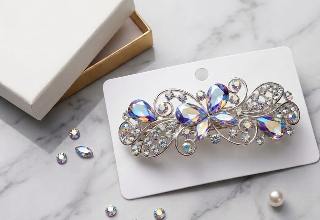 Crystal Rhinestone Floral Vine Hair Barrette / Decorative Brooch Clip