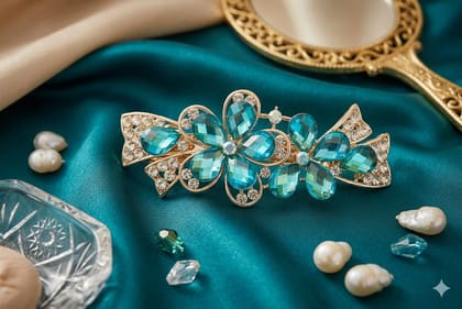 Blue Crystal Floral Hair Barrette / Decorative Fashion Clip