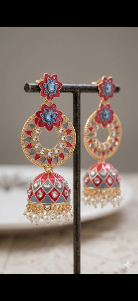 Elegant Pink and Grey Jhumka Earrings with Kundan Work