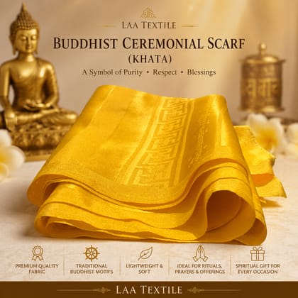 Laa Textile Premium Buddhist Ceremonial Scarf (Khata) – Traditional Prayer & Offering Shawl for Buddhist Rituals, Meditation, Temple Ceremonies, Blessings & Spiritual Gifts – Golden Yello