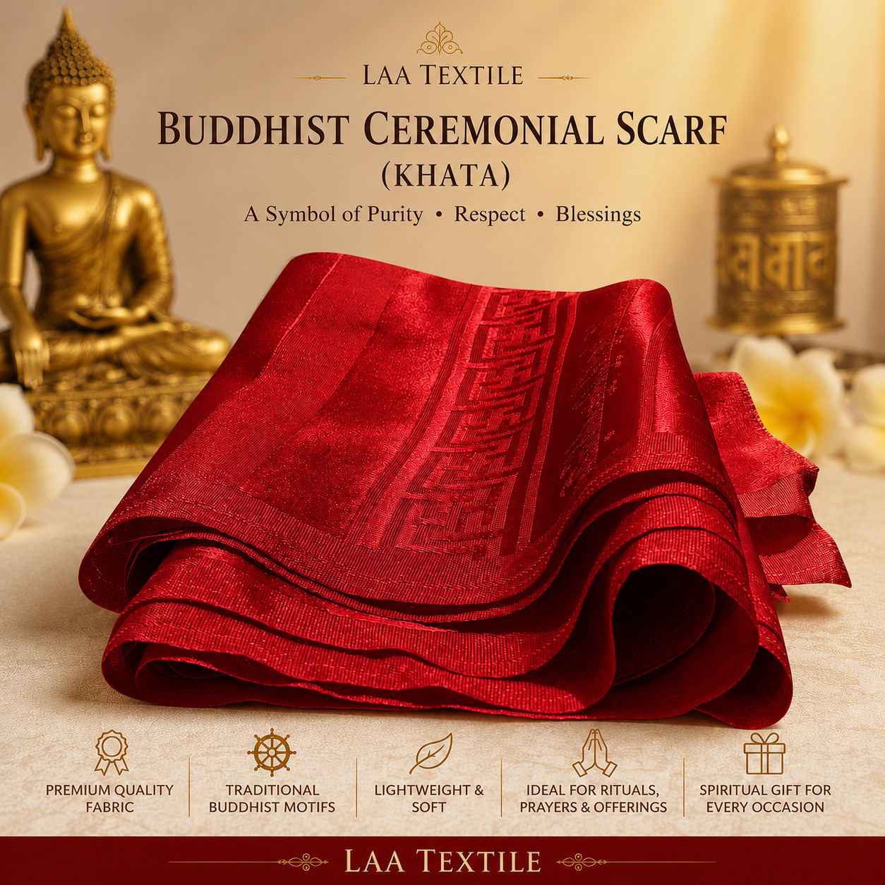 Laa Textile Buddhist Ceremonial Scarf (Khata) – Premium Red Jacquard Prayer & Offering Shawl for Buddhist Rituals, Weddings, Blessings and Temple CeremoniesLaa Textile Buddhist Ceremonial Scarf (Khata)