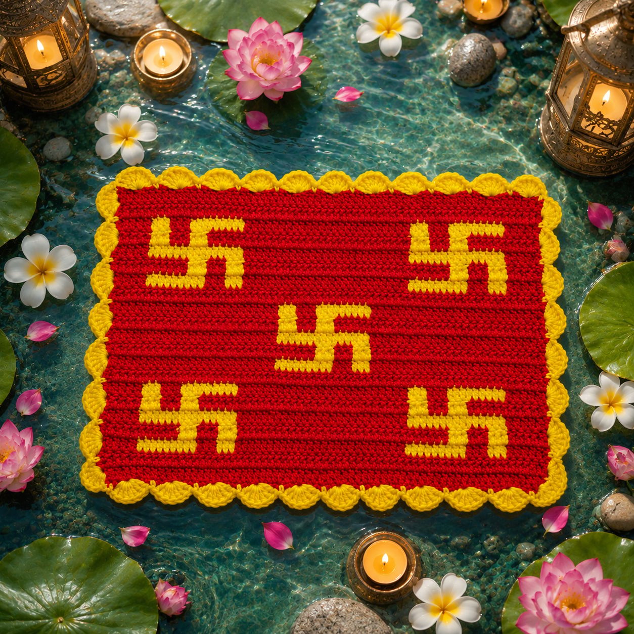 Aai's Handmade Crochet Swastik Pooja Mat - Red & Yellow, SN0004 (12.5x9 Inches, item Code - SN0004V1)