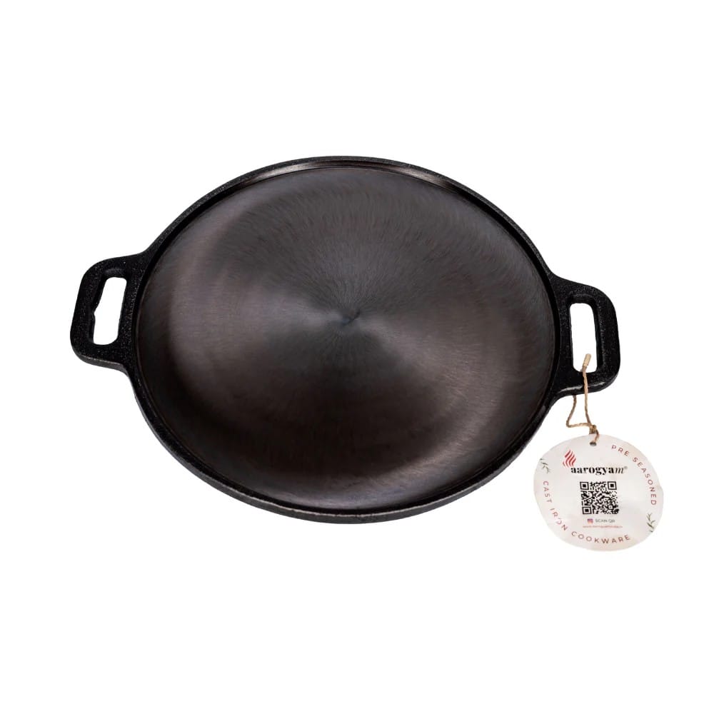 Aarogyam 12 Inch Induction Friendly Pre-seasoned Cast Iron Double Handle Tawa, Naturally Nonstick, Induction Friendly
