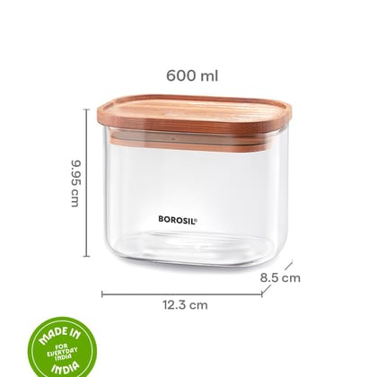 Borosil 600ml Storage Jar Set with Bamboo Lid | Made in India Borosilicate Glass Dishwasher Safe Container for Kitchen | Multipurpose Kitchen Organizer for Cookie & Dals