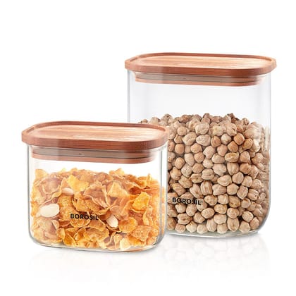 Borosil 2pc Storage Jar Set with Bamboo Lid (600ml + 950ml) | Made in India Borosilicate Glass Dishwasher Safe Container for Kitchen | Multipurpose Kitchen Organizer for Cookie & Dals