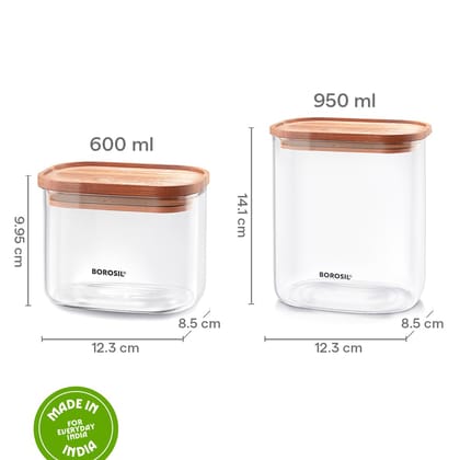 Borosil 2pc Storage Jar Set with Bamboo Lid (600ml + 950ml) | Made in India Borosilicate Glass Dishwasher Safe Container for Kitchen | Multipurpose Kitchen Organizer for Cookie & Dals