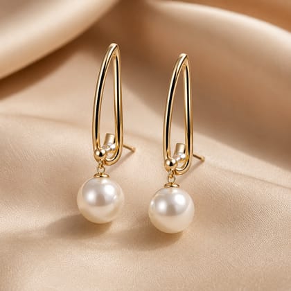 Elegantra 18K Gold Plated White Pearl Drop Earrings for Men, Women & Girls | Trendy Korean Minimalist Western Daily Wear Ear Studs